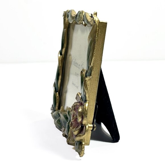 COLLETTE ET CIE Mini Picture Frame Square Green Enamel 3x3 Pink Flower - Picture 2 of 6